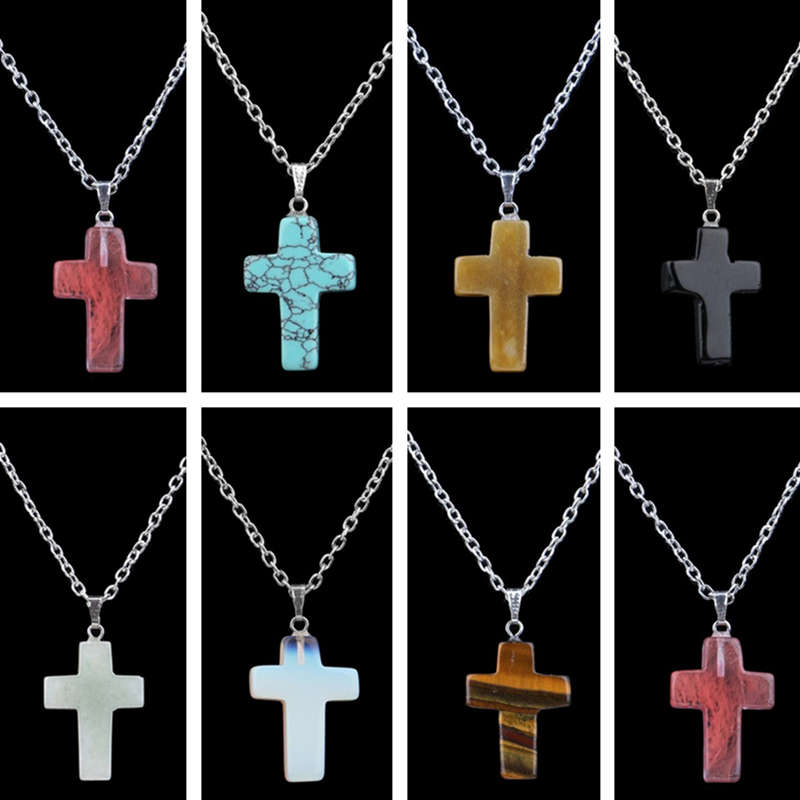Fashion cross shape stone pendant turquoise crystal necklace DJN15 mix order Pendant Necklaces jewelry