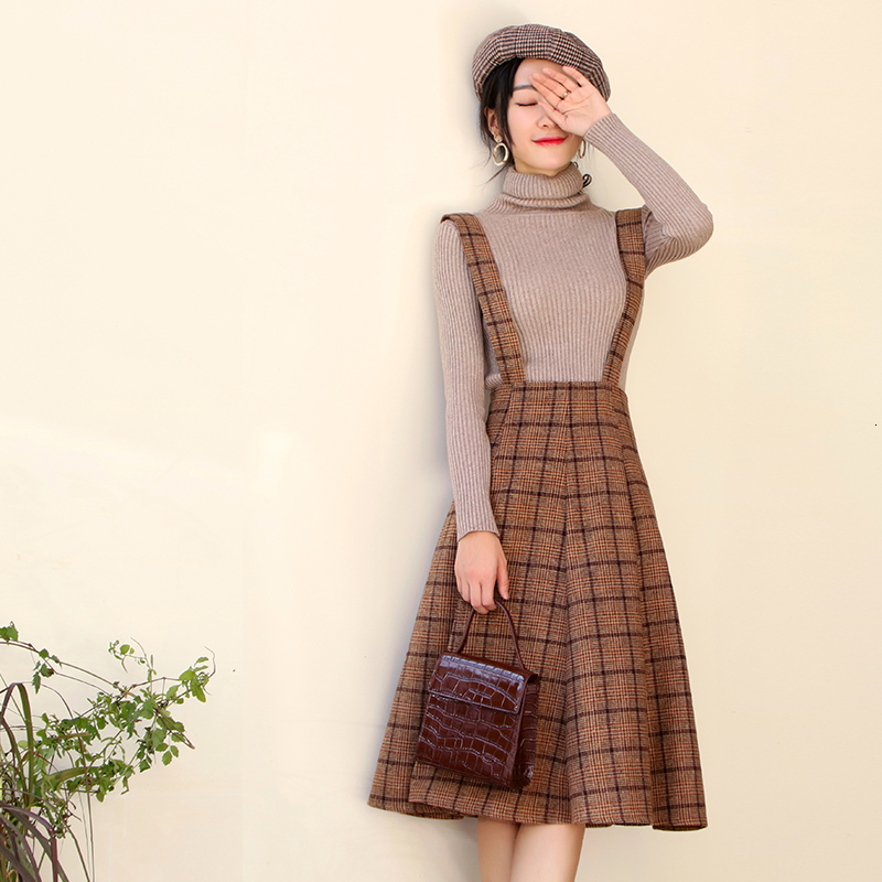 Japan Mori Girl Sundress Autumn Korean Fashion Women Sleeveless Vest Brown Plaid Woolen Winter Dresses Spaghetti Strap Vestidos LY191115