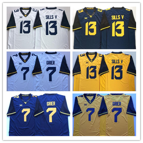 2019 West Virginia Mountaineers NCAA #7 Will Grier 13 David Sills V Gold Yellow White Navy Blue College Football WVU Jerseys от DHgate WW