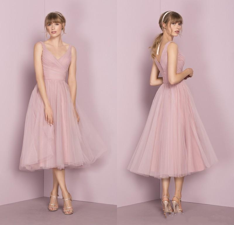 Blush Bridesmaid Dresses Maid of Honor Gowns Tea Length V Neck Sleeveless A Line Tulle Beach Wedding Party Prom Dress