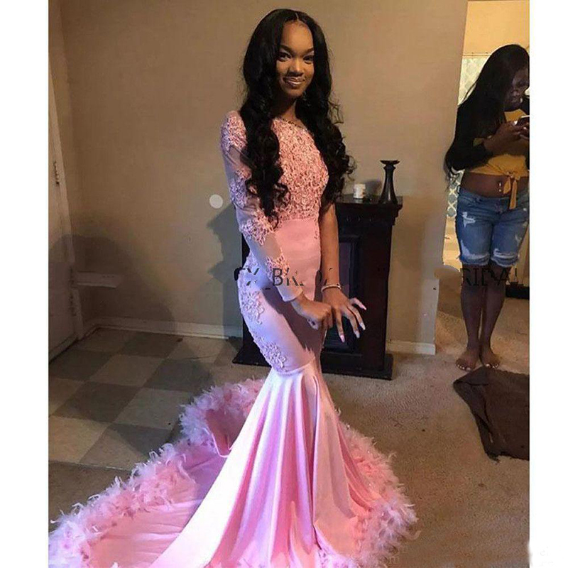 Pink Feather Evening Dresses Mermaid Lace One Shoulder Long Sleeves African Girls Long Prom Party Dresses Formal Wear