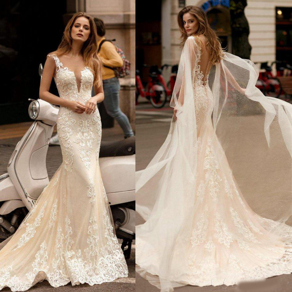 Champagne Ivory Mermaid Wedding Dresses with Cape 2020 Berta Sheer O-neck Lace Applique Covered Back Trumpet Bride Gown Vestidos De Novia