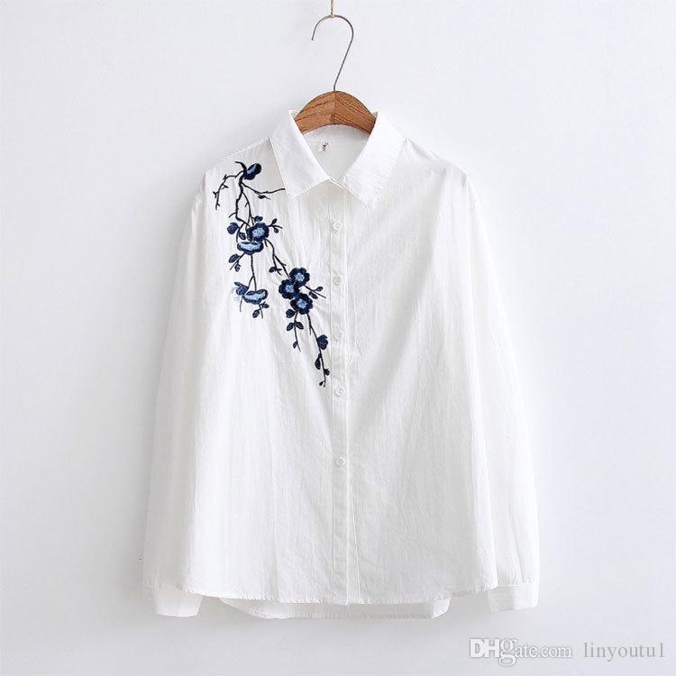 2020 Floral Embroidery Striped Blouse Women Long Sleeve Shirt And Tops Casual Cotton Plus Size 3XL Tops Office Lady