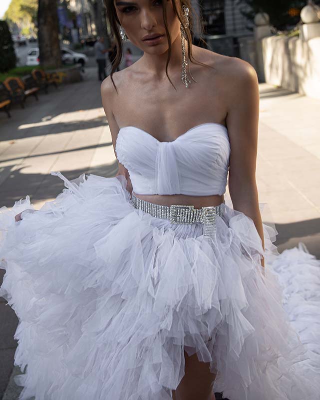 Two Pieces Wedding Dresses Strapless Tulle Beading Wedding Dress Split Weep Length Custom Made Backless Sexy Robes De Mariée