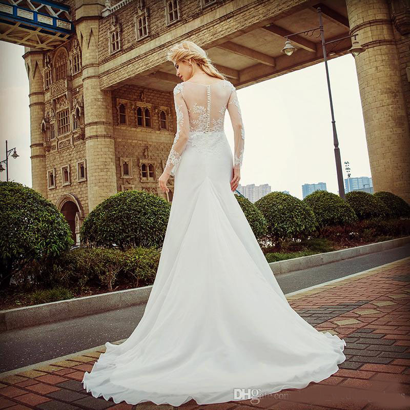 2020 Luxury Long Sleeve Wedding Dresses White Fish Tail Lace Long Sleeved High Quality Freight Spring Sticker Beaches Wedding Dress