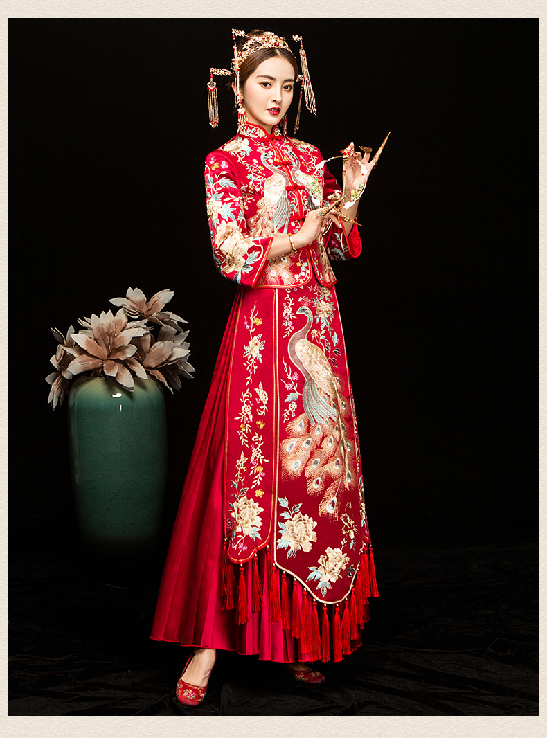 Red Peacock Pleated Xiuhe Dress Oriental Wedding Clothing Bride's Wedding toast dress Traditional Cheongsam For Oversea Chinese