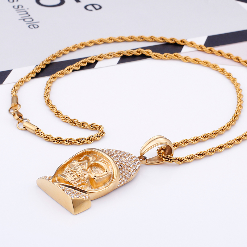 Vitage Exaggeration Skeleton Pendants Necklace Men's Hip Hop 316L Stainless Steel Cubic Zirconia Setting 18K Gold Plated Jewelry