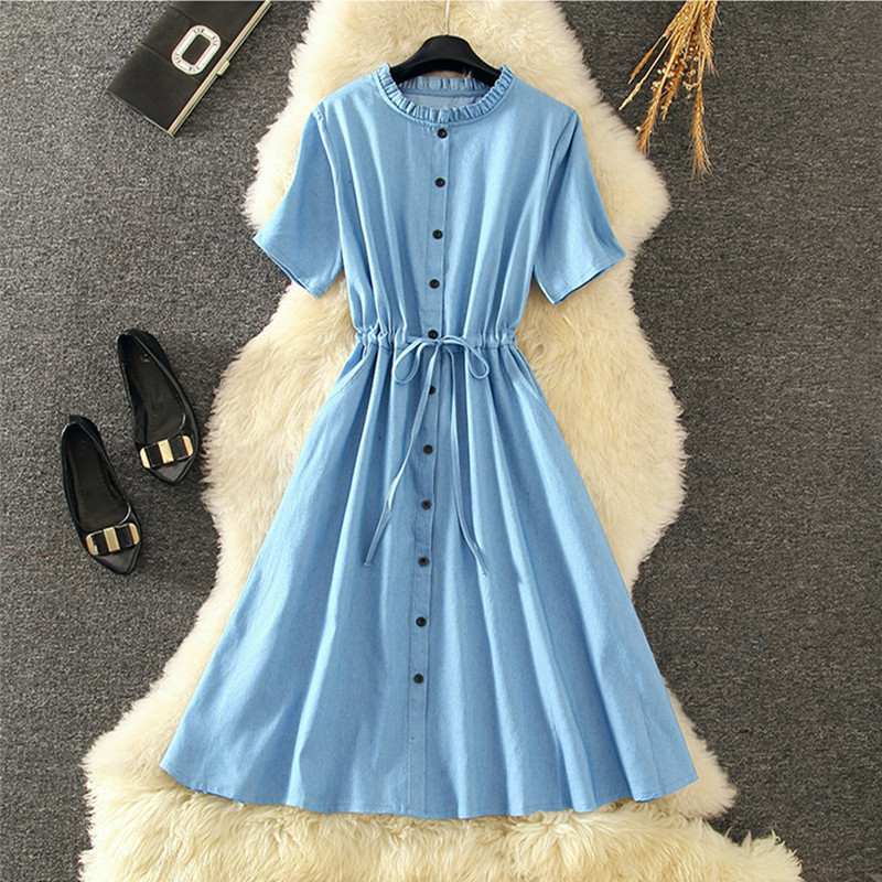 Vintage Women Denim Dresses 2020 Short Sleeve Casual Buttons Drawstring A-line Bodycon jean dress for ladies Summer, Blue
Vintage Women Denim Dresses 2020 Short Sleeve Casual Buttons Drawstring A-line Bodycon jean dress for ladies Summer, Blue