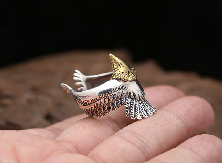 Personalized 925 sterling silver jewelry antique silver American Japanese hand-made designer open adjustable eagle rings for men women