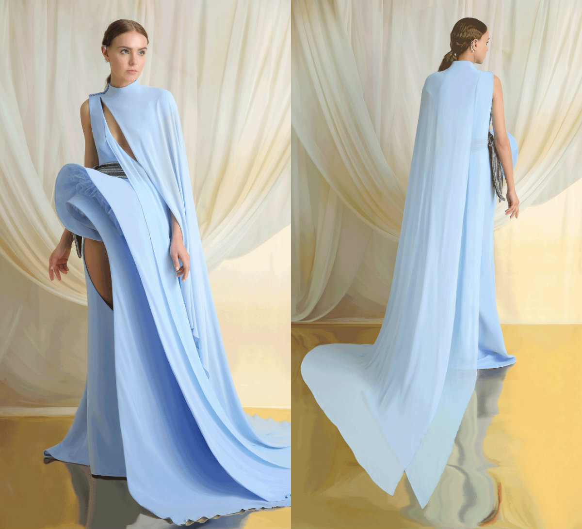 2019 Azzi & Osta Mermaid Prom Dresses Satin Tulle High Neck Sweep Train Arabic Evening Dress Split Formal Party Gowns Girls Pageant Dress