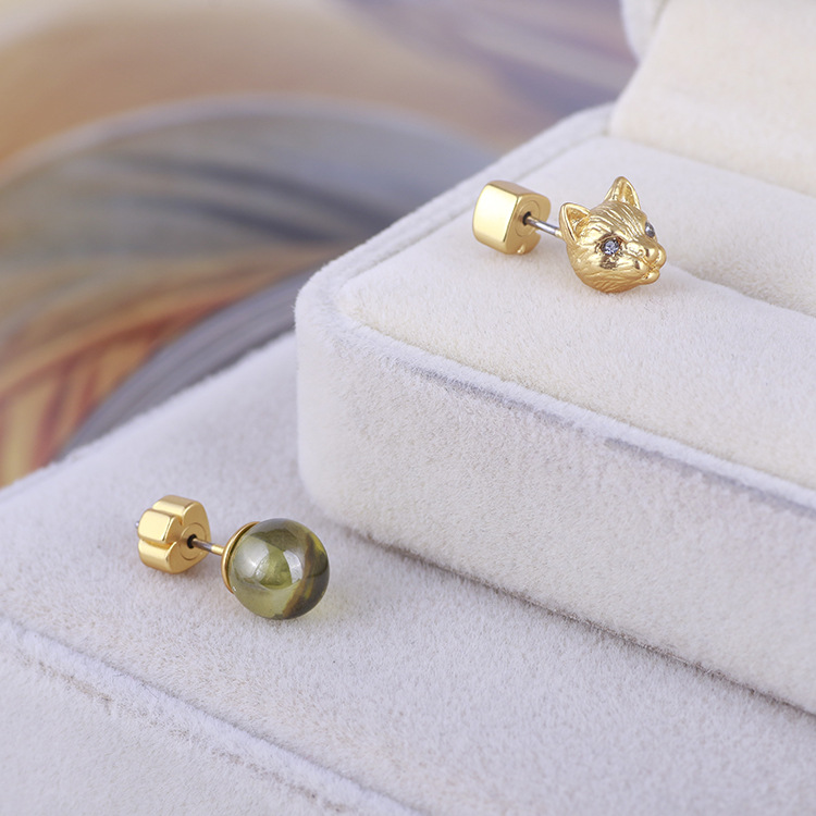 Fashion- cat head desigh and 06.cm asymmetric bead stud earring with nature green stone for women wedding jewelry gift free shippin