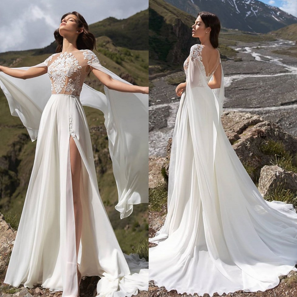 Appliqued Attractive Lace Backless Wedding Dresses Sheer Bateau Neck Long Sleeves Bridal Gowns Split Side A Line Chiffon Robe De Marie