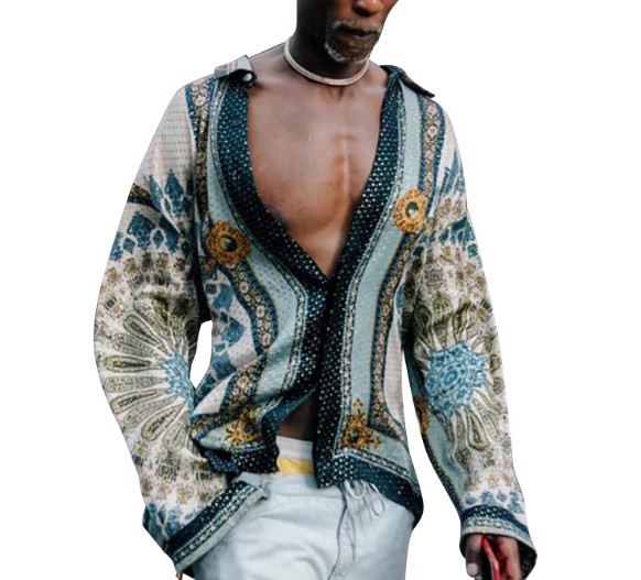 Mens Bohemian Printed Deep V-Neck Long Sleeve Shirt Lapel Collar Vintage Casual Blouse Polyester - High Street Fashion B1
