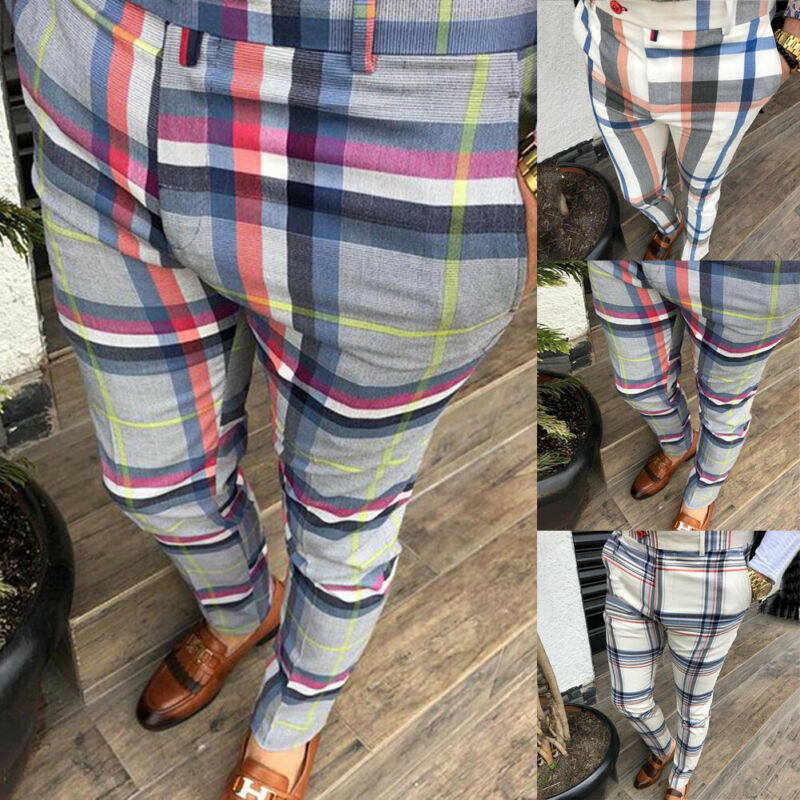 Men Plaid Pants Gym Slim Fit Trousers Gym Smart Casual Bussiness Long Pencil Pants Plus Size1