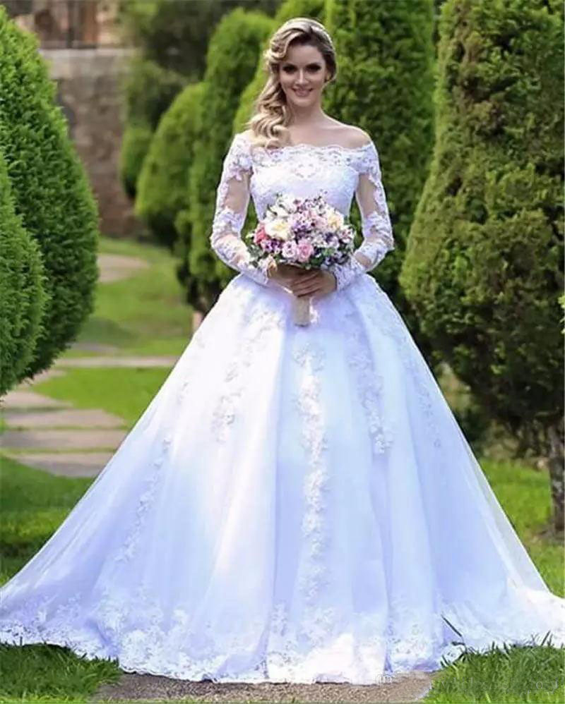 2019 Elegant Long Sleeves Lace Wedding Dresses Bateau Neck Tulle Applique Beaded Court Train Wedding Bridal Gowns Off Shoulder Garden Weddin