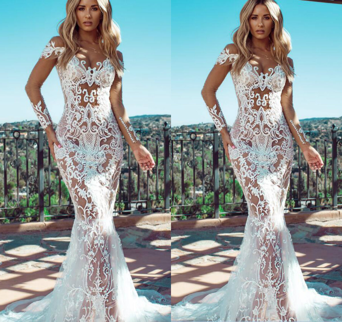 2020 Boho Mermaid Wedding Dresses Appliqued Lace Sweep Train Long Sleeve Jewel Neck Garden Wedding Dress Custom Made Plus Size Bridal Gowns