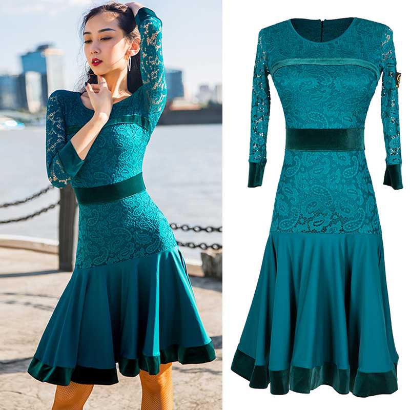 Latin Dance Dress Female Green Lace Dancing Dress Adult Long-Sleeved Autumn Women Velvet Big Swing Skirt
Latin Dance Dress Female Green Lace Dancing Dress Adult Long-Sleeved Autumn Women Velvet Big Swing Skirt