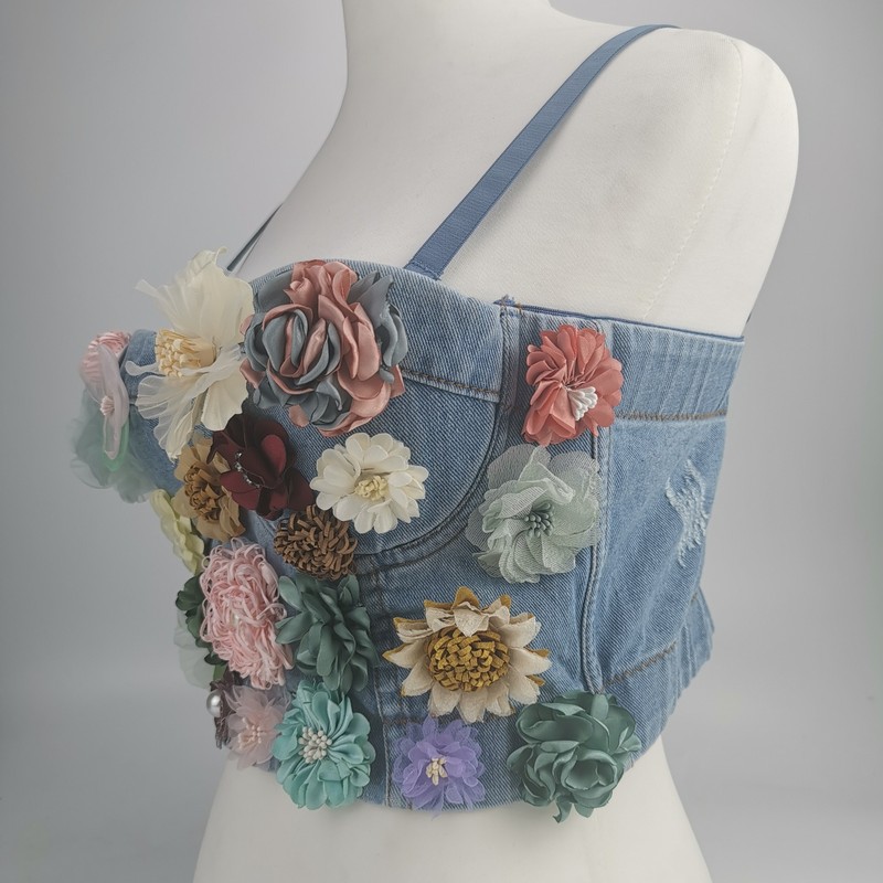 Women Blue Denim Multicolor Floral Embroidery Bralette with Colorful Three-Dimensional Cups and Flowers Appliques Fashion Crop Top Tube Top