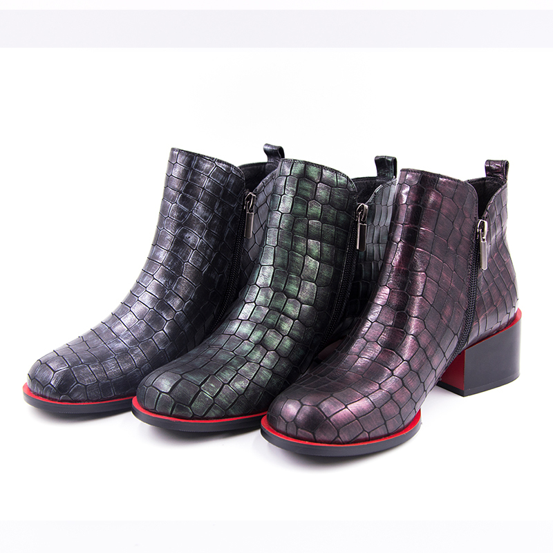 Hot Sale-Women's Shoes Spring Ankle Boots For Women Genuine Leather Fashion Shoes Woman Square Heel Round Toe Zip Stone Grain