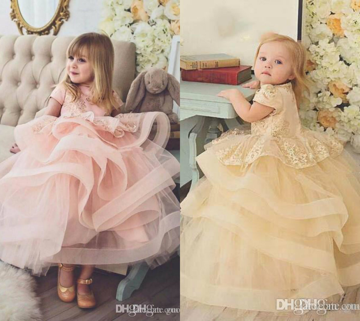 Baby Pink Flower Girls Dresses For Weddings Short Sleeves Lace Appliques Ruffles Organza Girls Pageant Dress First Communion Dress