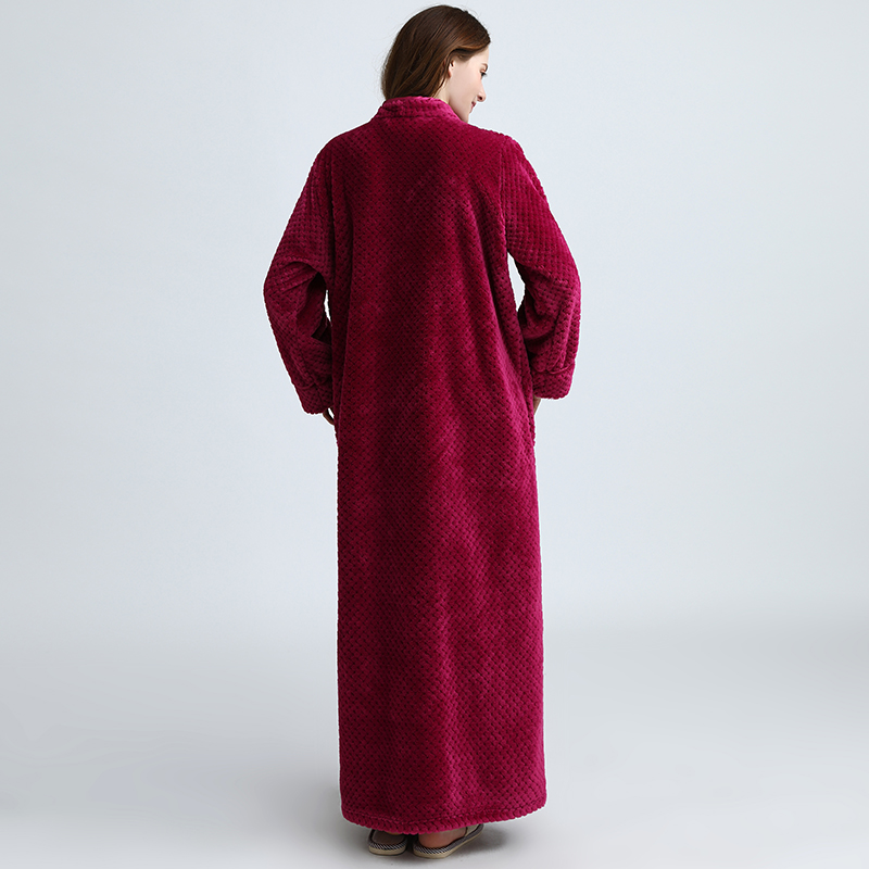 New Women Men Extra Long Winter Warm Bathrobe Plus Size Pregnant Zipper Bath Robe Luxury Soft Grid Flannel Thermal Dressing Gown