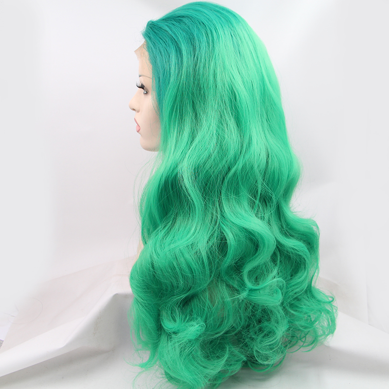 Long Body wave Green Synthetic Lace Front Wig Heat Resistant Fiber Synthetic Wig with baby hair blenchd knots For Women