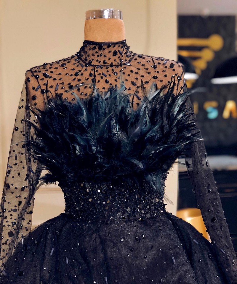Bohemian Black Ienasdresses Ball Gown Wedding Dresses Long Sleeve High Neck Satin Princess Gown Tulle Lace Feather Crystal Bridal Gowns