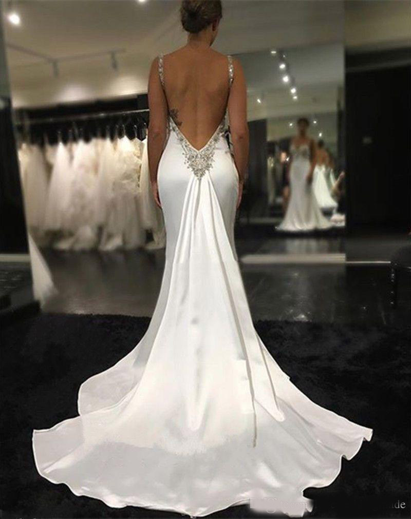 Sexy Backless Crystals Beaded Bridal Dress Sweep Train Beach Wedding Gowns Cheap Modern Spaghetti Mermaid Wedding Dresses