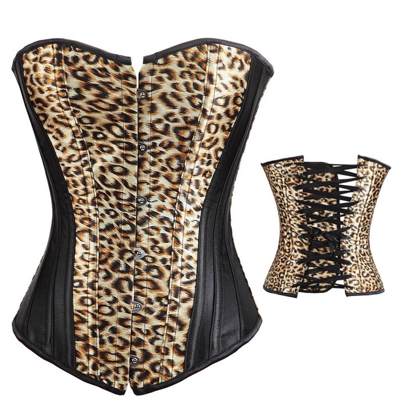 Steel Boned Contrast Brown Leopard Overbust Corset Padded Bustier Women's Fashion Lace-up Corset Top S-XXL Drop Ship Mix and Match Wholesale