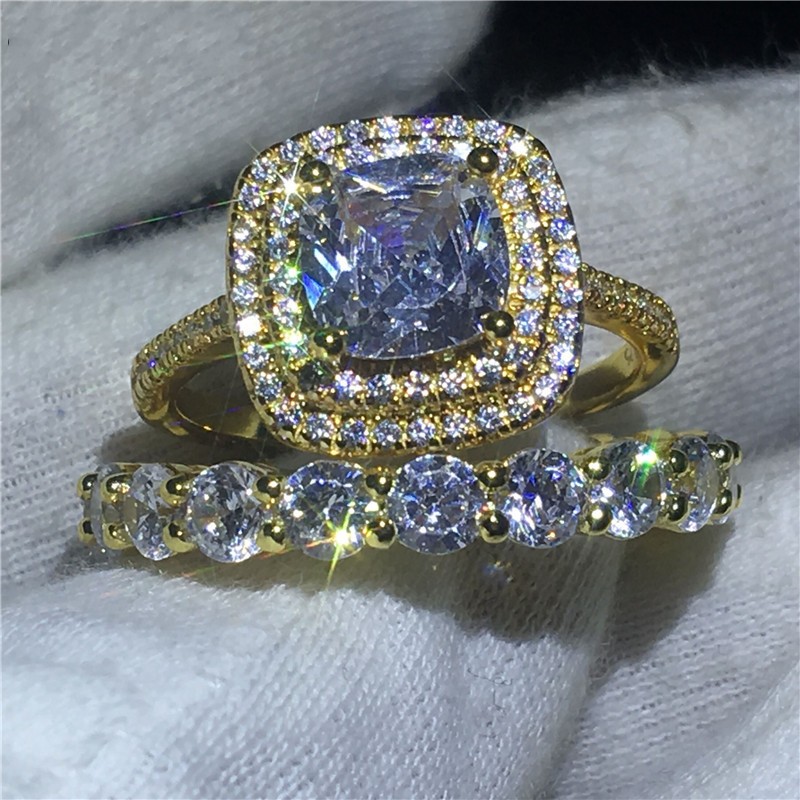 Sparkling Luxury Jewelry 925 Sterling Silver&Gold Fill Cushion Shape White Topaz CZ Diamond Gemstones Couple Rings Women Bridal Ring Set