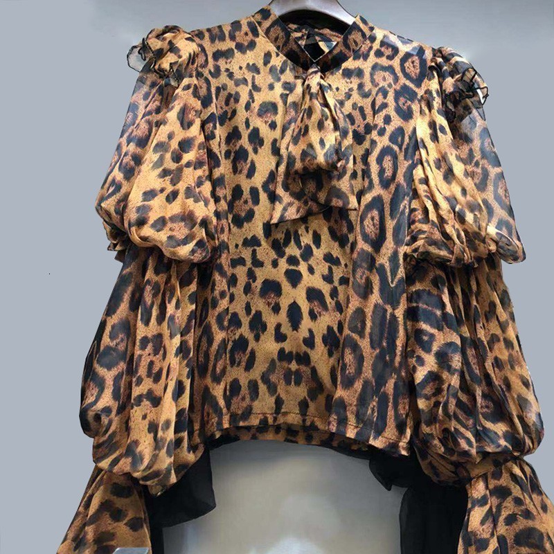 CHICEVER Vintage Leopard Print Chiffon Blouse Women Lace Up Puff Long Sleeve Korean Shirt Tops Female Fashion 2019 Autumn New