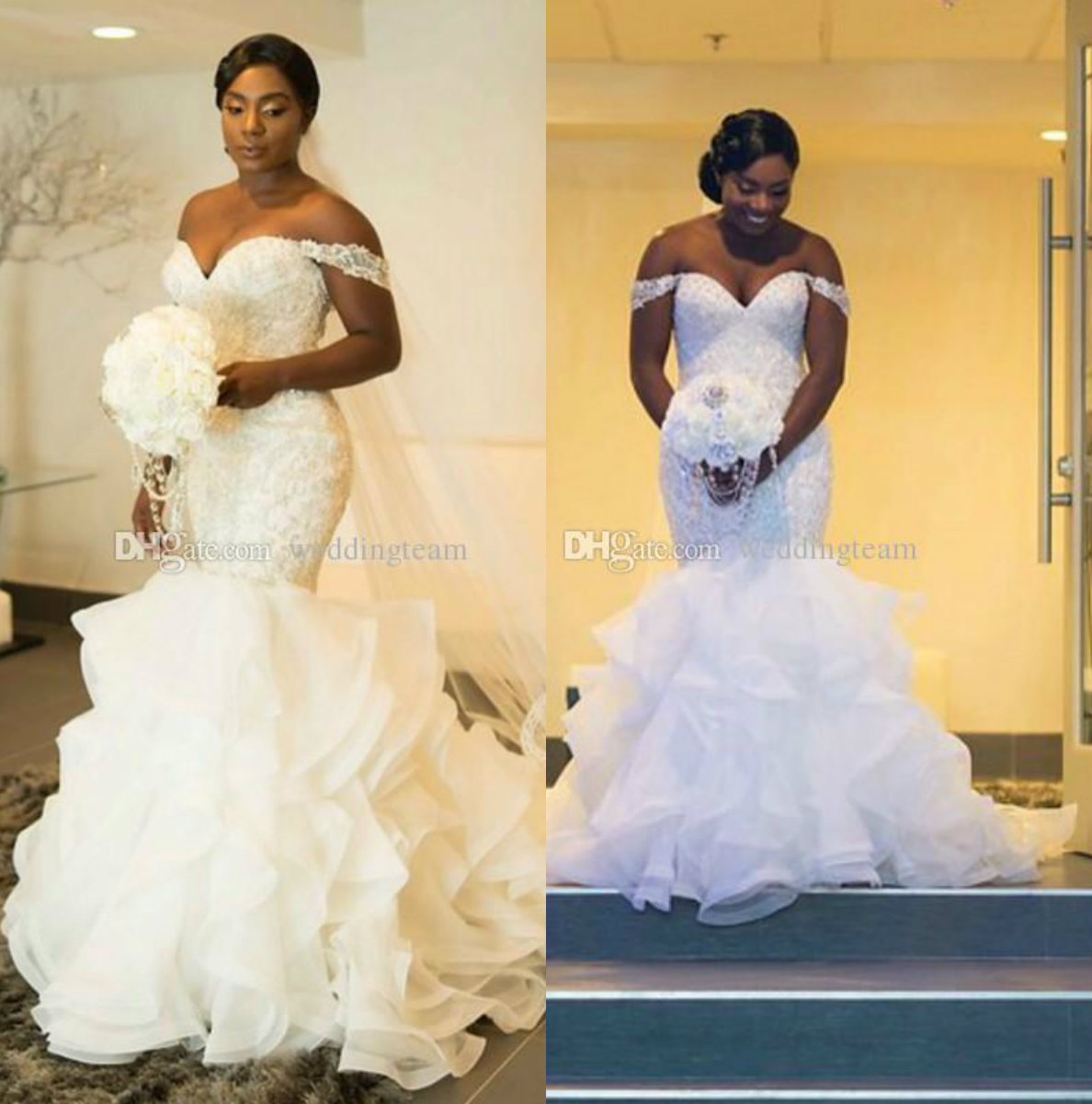 Charming Mermaid Lace Wedding Dresses Off Shoulder Beaded Bridal Gowns Court Train Ruffled Skirt Sequined Vestido De Novia