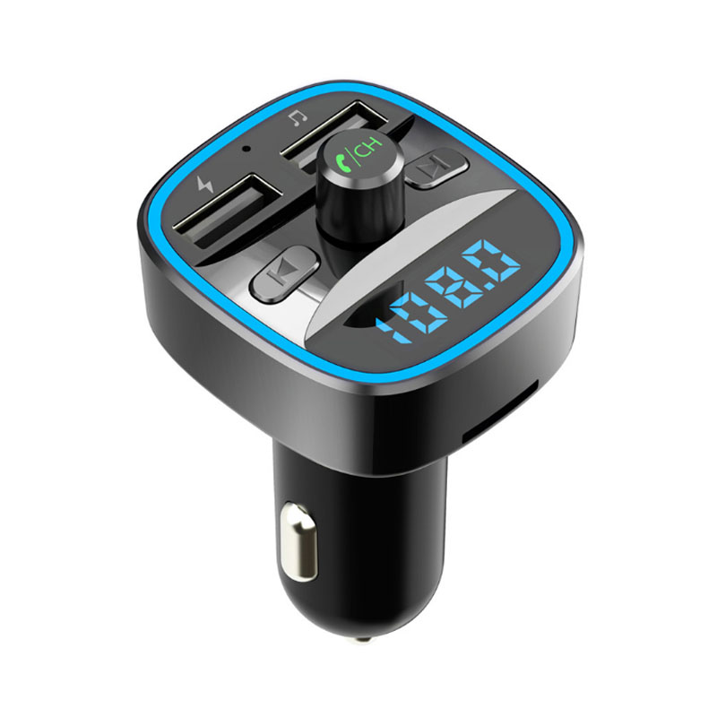 Bluetooth FM Transmitter Blue Ambient Ring Light Wireless Radio Car Receiver Adapter Kit With Hands-Free Calling Dual USB Charger