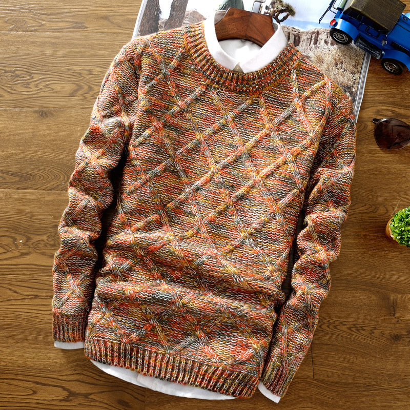O-Neck Sweater Men 2018 fashion Pullover Sweater Male Slim Fit Knitting Sweaters Mens Colorful Rhombus Lattice Pullover Men SH190930