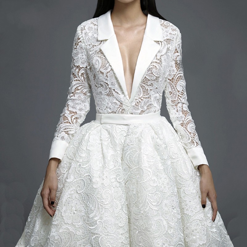 Special Design Lace Long Sleeves Chic Wedding Ball Gowns with pockets deep v neck Custom Made Venice Lace Puffy Illusion Bridal Dress