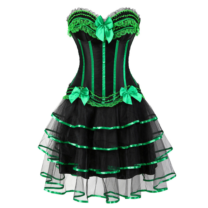Big Plus Size 6XL Ruffle Lace Bow Burlesque Satin Corset Top with Tier Tulle Tutu Skirt Dance Corset Halloween Costume Dress Outfit Clubwear