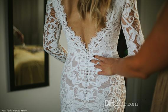 Gorgeous Mermaid Full Lace Wedding Dresses Elegant V Neck Backless Bridal Gowns Bohemian Plus Size Country Long Sleeve Wedding Dress