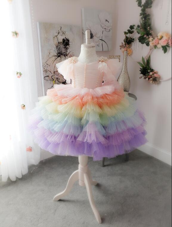 2020 Rainbow Flower Girl Dresses Ruffled Lace Tiered Pearl Glitter Girl Pageant Gowns Custom Made First Communion Dress