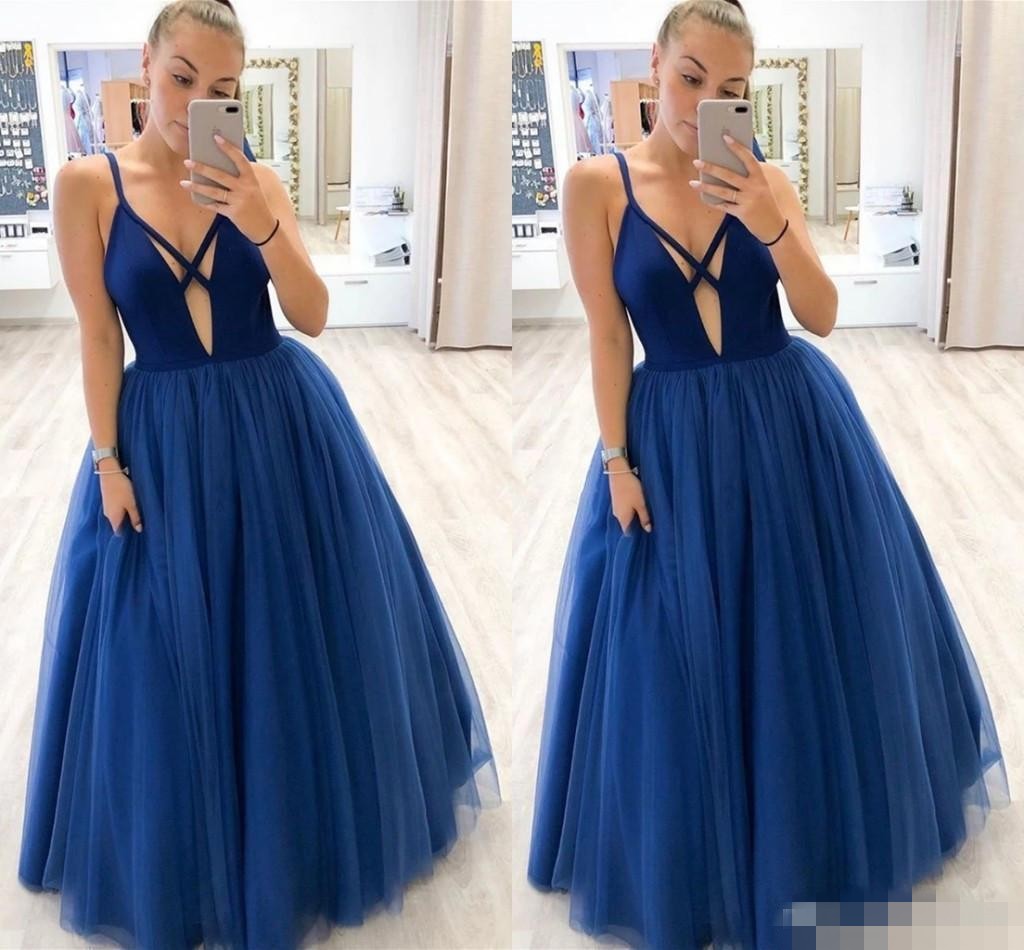 Royal Blue Sexy Prom Dresses Plunging V Neck Satin Tulle Or Length A E Spaghetti Straps Formal Eevening Graduation Party Gown 0914