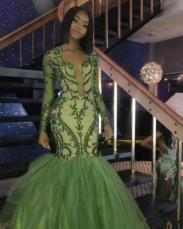 african mermaid green prom dresses skirts appliques sequined long sleeves plunging v neck evening gowns reception dress plus size