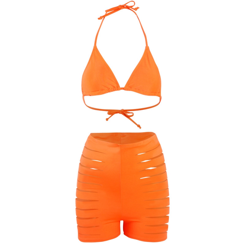 ARXIPA Neon Green Bikini Set Sexy Boyleg Swimsuit Hollow Out Women Swimwear Halter Backless Bathing Suit High Waisted Beachwear Solid