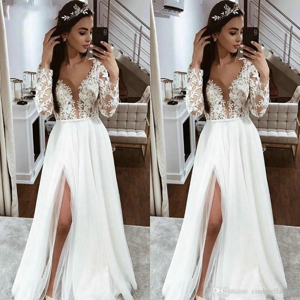 White Elegant Boho Dresses Long Sleeve Lace Appliques Side Slit Tulle Gowns New Ivory Country Beach Wedding Dress