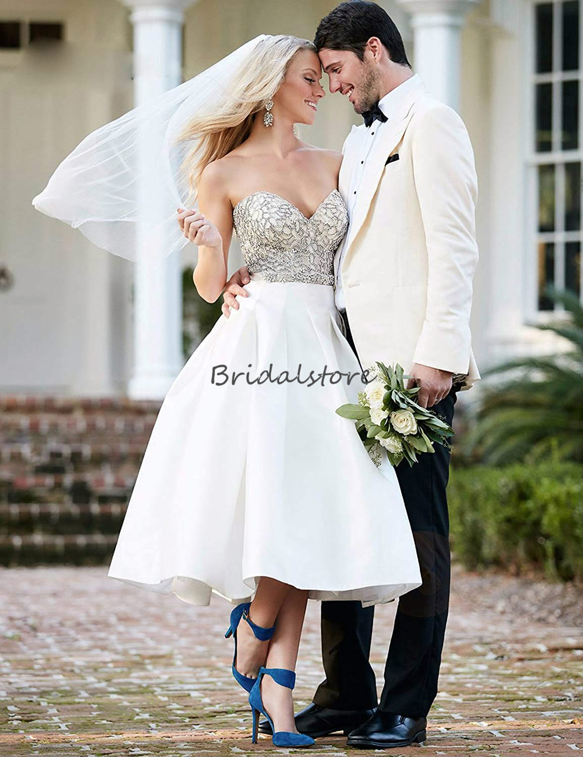 Sexy Strapless Short Wedding Dresses Elopements Sweetheart Tea Length Beaded Plus Size Country Boho Bridal Reception Gown Zipper Back Uk 50S