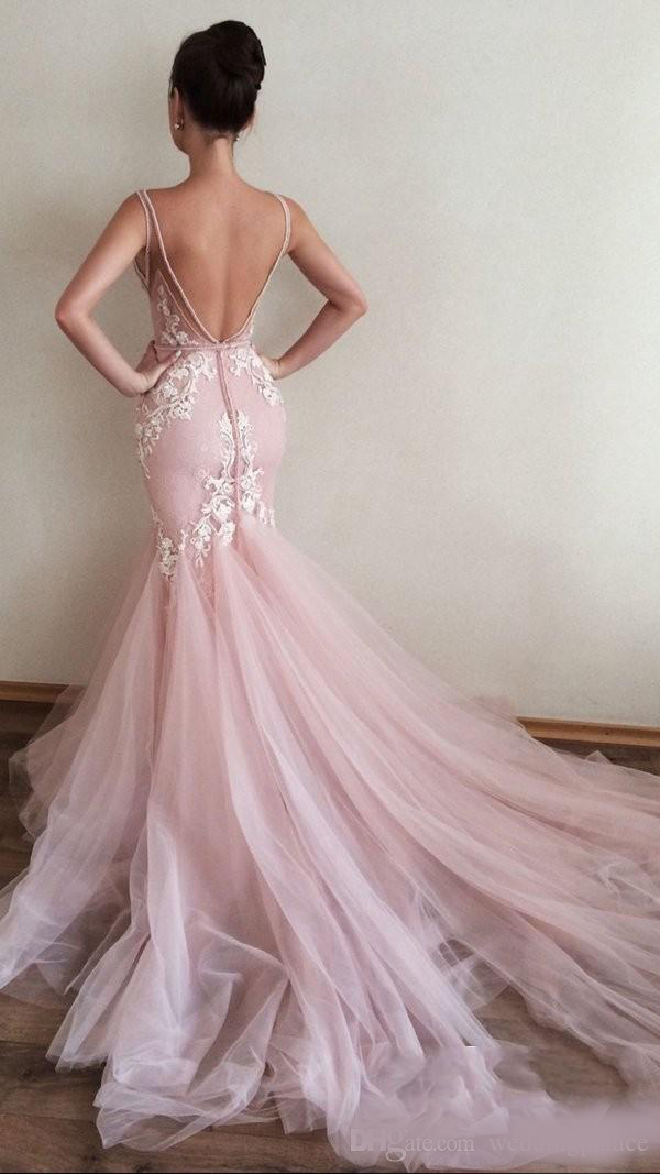 Amazing V-neck Tulle Pink Prom Dresses Appliques Court Train Mermaid Evening Dresses Prom Gowns Vestidos de Festa Special Occasion Dresses