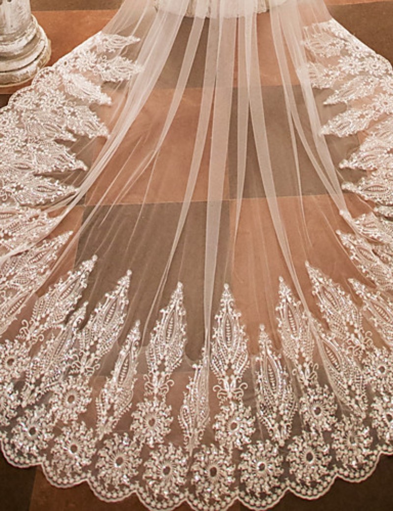 2019 Designed Wedding Veils Cathedral Length Bridal Veils Lace Cut Edge Appliqued One Layers Customized Length Bridal Veil