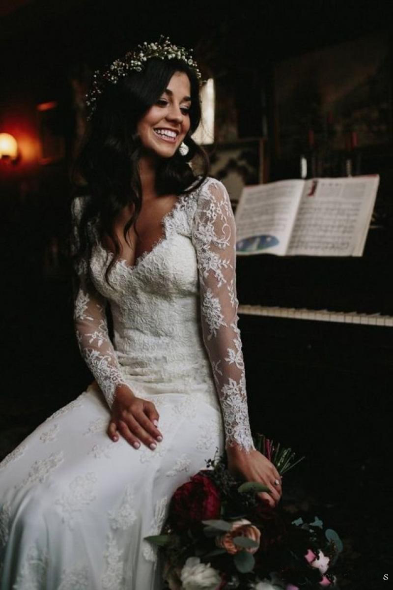 Elegant Country Full Lace Wedding Dresses Plugging V Neck Long Sleeve Applique Floral Beach Bridal Gowns berta bridal Wedding Dresses