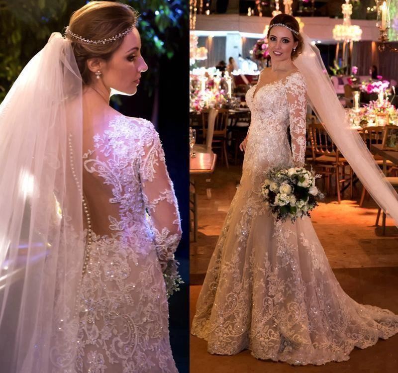 Mermaid Lace Wedding Dresses 2020 Champagne Sheer Neck Long Sleeve Appliques Beaded Floor Length Vestido de noiva Robe De Mariee