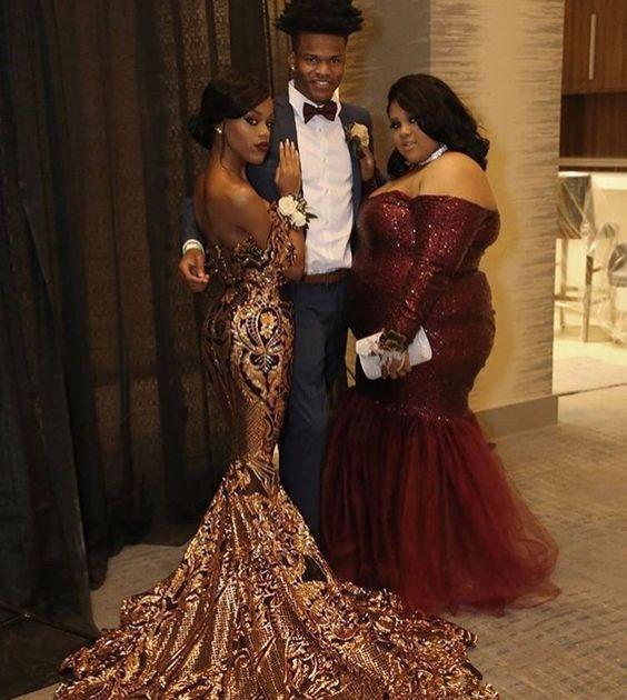 2019 Luxury South African Mermaid Prom Dresses Off Shoulder Black Girls Gold Sequines Holidays Graduation Wear Plus Size Evening Gowns