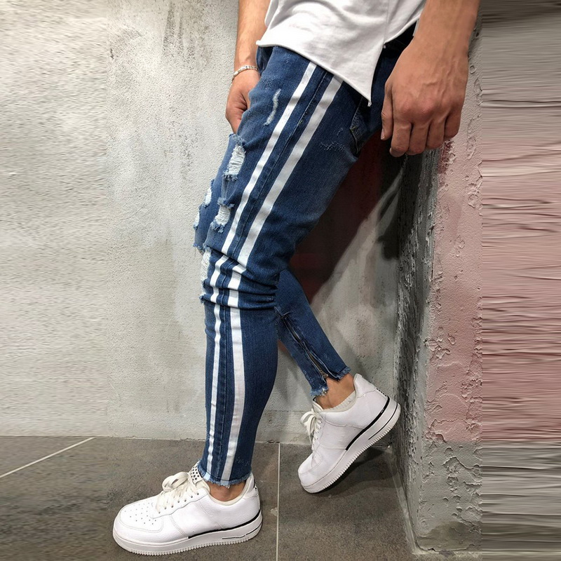 OLOME Hot Sales 2019 Ripped Side Striped Jeans Fashion Blue Streetwear Mens Skinny Stretch Jeans Pants Casual Denim Hombre