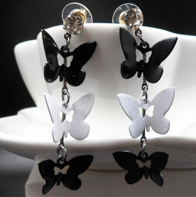 Hot sale Multi storey Black white Crystal Butterfly Tassels Dangle Chandelier Earrings Exaggerated Pendant Earrings